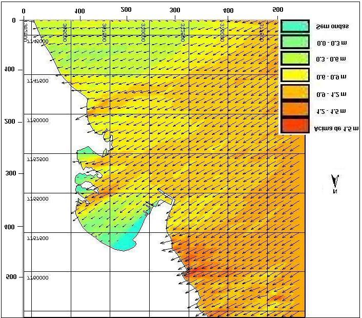 19 Figura 6 - Padrão de chegada das ondas de SSE (170 a partir do N, 0 ) na Baía do Espírito Santo, onde as setas indicam o sentido e a direção do trem de ondas e as cores indicam a altura das ondas.