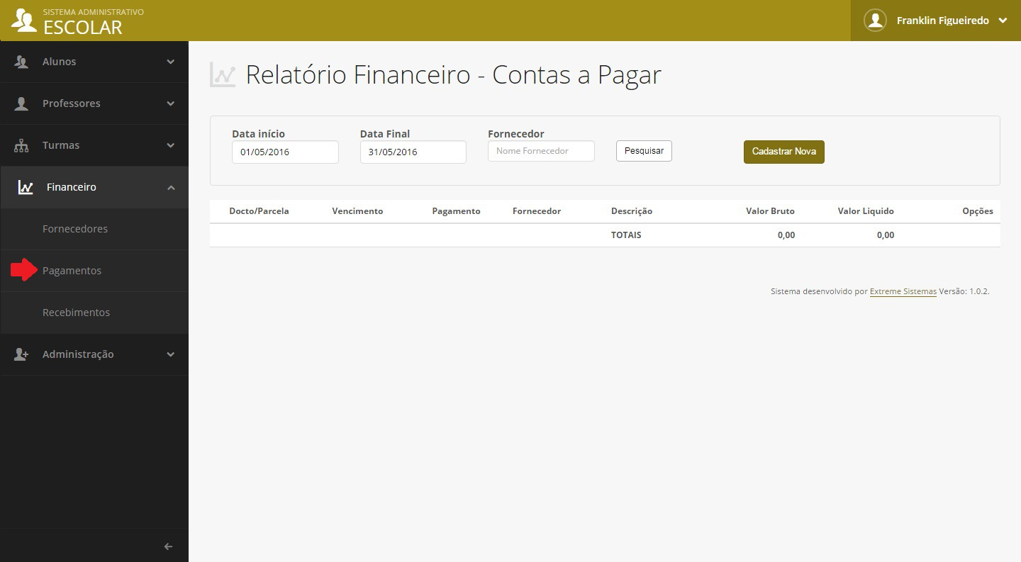 Para excluir um fornecedor, basta clicar no botão Excluir referente ao fornecedor que deseja excluir. Ao clicar no botão Novo Cadastro ou Alterar você terá acesso a tela de cadastro de fornecedores.