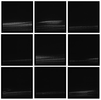 Uma série temporal (apenas 120 mseg entre quadros) de imagens para uma vazão principal de 15 L/min e vazão de injeção de 10 ml/hr é apresentada na figura 9, mostrando a intermitência indesejada no