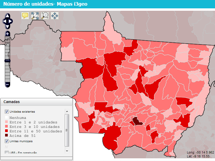 7 O Mapa acima mostra o estado de Mato Grosso, com seus limites municipais, e o numero de UBS existentes e em funcionamento. Fonte: Ministério da Saúde, Sala de Apoio a Gestão.