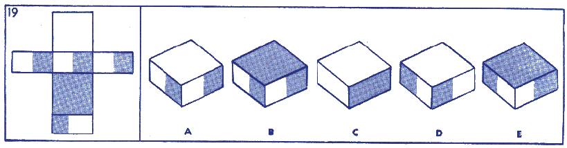 Temos um cubo com a face superior e a face inferior azuis e duas faces opostas metade azuis, metade brancas. B, C e D são formas de visualizar o objeto formado.