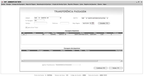 2.6. Transferência de Passagem Usado para remarcação da passagem. Informar origem, destino, número do bilhete e data da viagem. F12 Consultar.