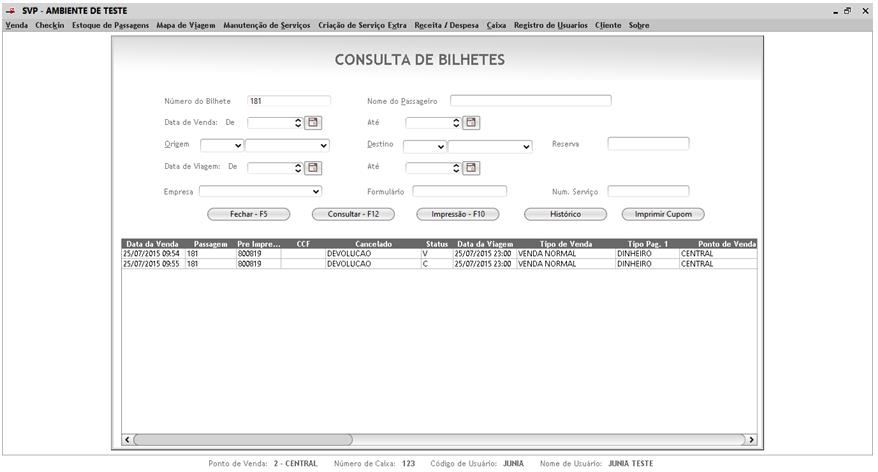 8.2. 9.2 Consulta de Bilhetes Usando para consulta de bilhete e seu histórico dentro do sistema de venda Informar número do bilhete, ou outros campos para filtro da pesquisa.