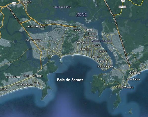 16 4.3 Baia de Santos A Baía de Santos tem cerca de 7 km de largura na parte central e 11 km na parte final, entre as pontas de Itaipu, a oeste, e do Monduba, a leste, e apresentando uma profundidade