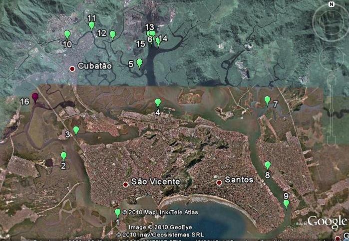 22 FIGURA 8 Localização do Sistema Estuarino de Santos e a distribuição dos pontos amostrais (Fonte: Google Earth).