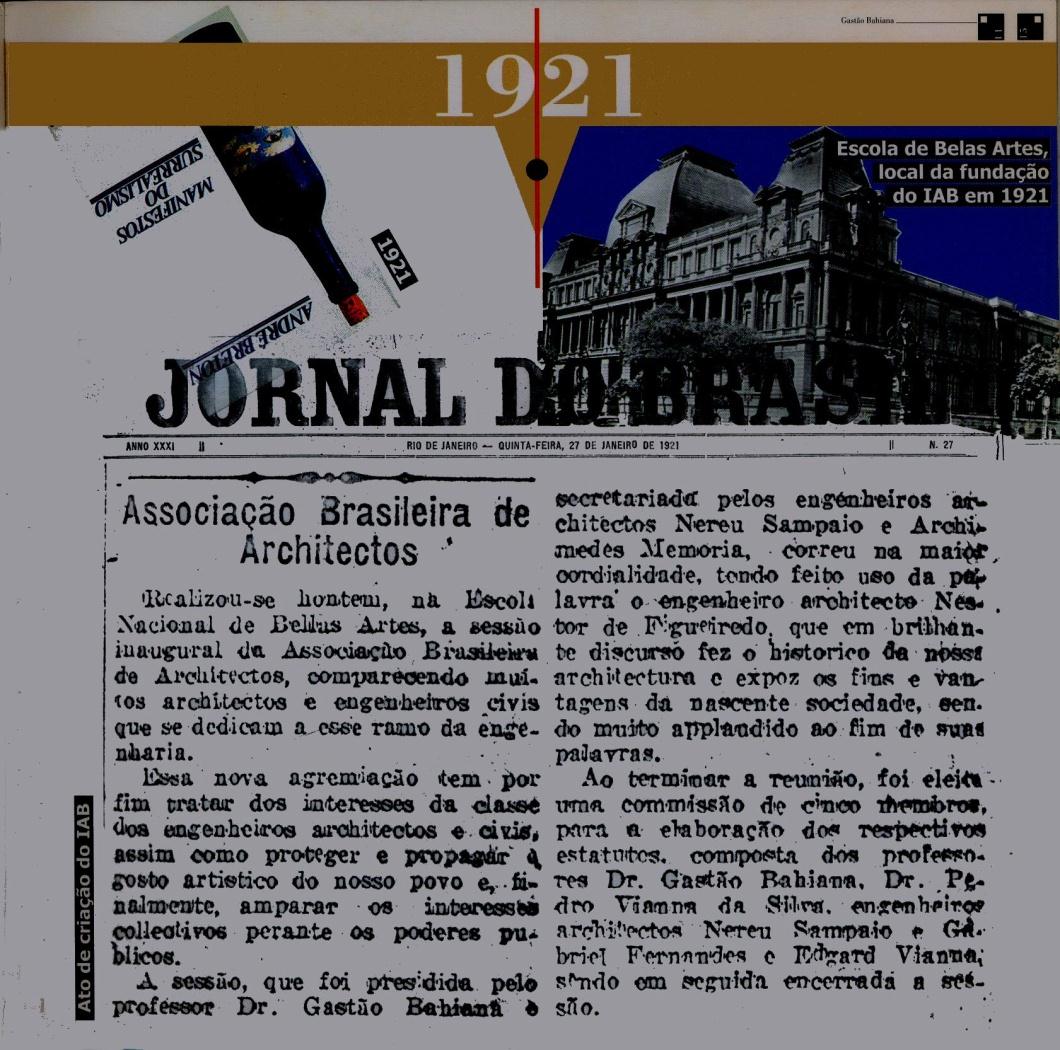 Fundação do Instituto dos Arquitetos do Brasil 1921 O IAB é uma livre associação da categoria, com 92 anos de existência, não sendo compulsória ou obrigatória representa uma forte presença na