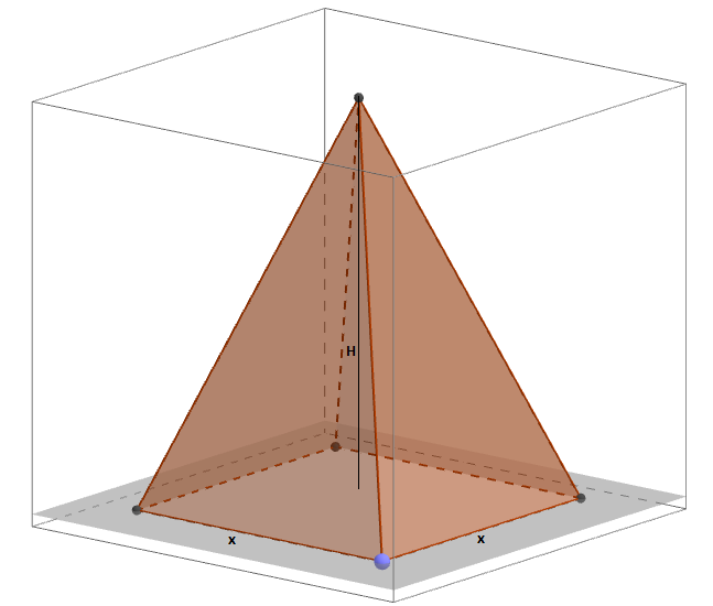 Da semelhança da pirâmide menor de altura com a pirâmide maior de altura é valido que a razão entre o volume da pirâmide menor ( ) e o volume da pirâmide maior ( ) será igual ao cubo da razão entre