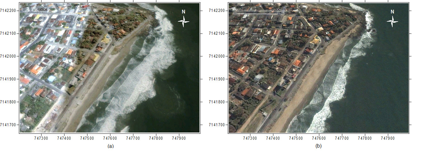 1 1 Figura. Comparação da linha de costa no Norte da Praia Brava, próximo à ponta de Matinhos. (a) 0/0/00 e (b) 14/0/009.
