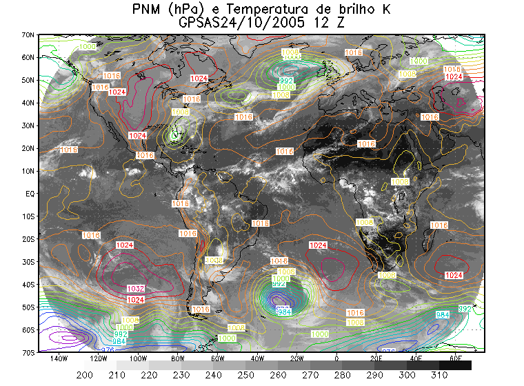 -avaliação subjetiva da qualidade das análises diárias Foi rodado o produto usando-se a análise do GPSAS e imagens concatenadas GOES/METEOSAT para o caso de tempo extremo de um furacão no HN.