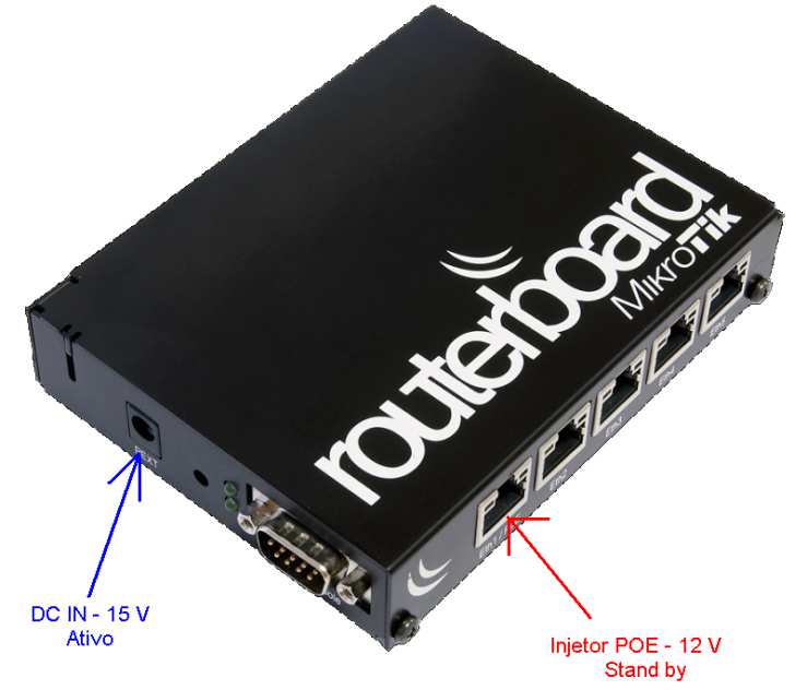 Recursos disponíveis nas RouterBoards Alimentação redundante A maioria das RouterBoards podem ser alimentadas ao mesmo tempo com Injetor POE e DC Jack.