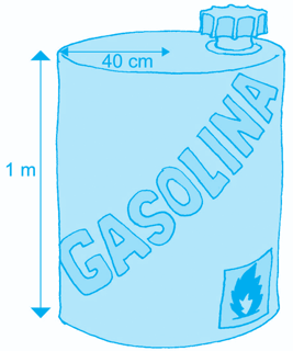 . O bidão de gasolina da figura está cheio até % da sua capacidade. Quantos litros de gasolina contém?