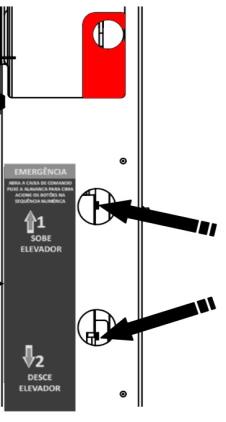 ELEVADOR FOCA - OPERAÇÃO MANUAL Verifique se as portas do ônibus estão abertas; Abra o compartimento da coluna onde o controle é guardado, para destravar o modo manual; Levante a