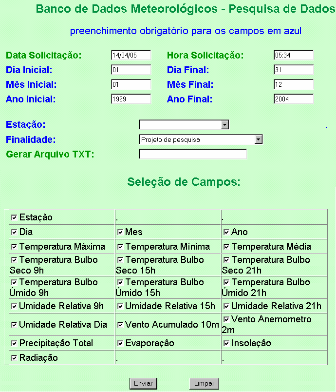 II) Consulta em bloco das principais variáveis meteorológicas, agrupadas por mês (Figura 3): O arquivo texto gerado tem formato de boletim mensal (BOM, Figura 4), podendo ser utilizado em outros