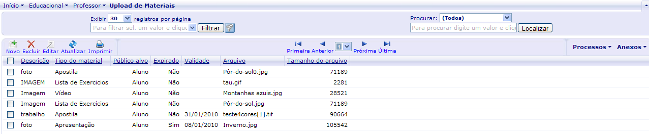 2º) INFORME A DESCRIÇÃO DO ARQUIVO. 3º)CLIQUE NA LUPA PARA SELECIONAR O TIPO DE MATERIAL.