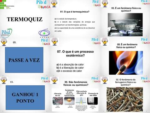 alunos do EM frente à atividade proposta. Alguns slides do jogo TermoQuiz são apresentados na Figura 1. Figura 1. Representação de alguns slides do jogo TermoQuiz.