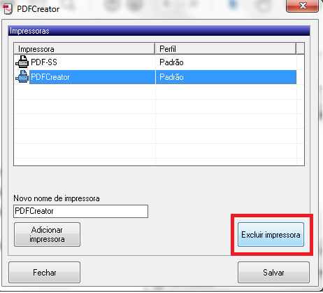 Em Novo nome de impressora informe o nome PDF-SS, que é o nome de impressora utilizado na emissão de notas fiscais para geração de PDF,