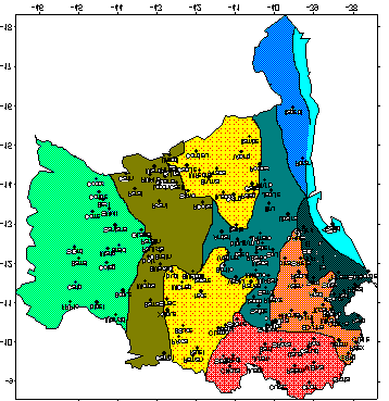 BAHIA Fig.3 Zoneamento da distribuição espacial da precipitação no estado da Bahia, utilizando o método de agrupamento de Ward. BIBLIOGRAFIA ATLAS CLIMATOLÓGICO DO ESTADO DA BAHIA.