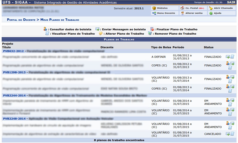 Listar planos de trabalho Após o cadastro do projeto e dos planos de trabalho o docente pode listar os planos de trabalho cadastrado por ele.