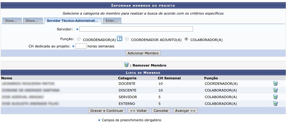 Submeter Proposta de Projeto de Pesquisa Discente Servidor TécnicoAdministrativo O funcionamento das telas de cadastro para as