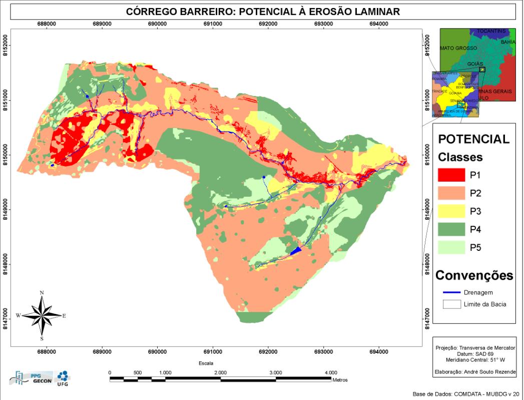 A partir da interseção do mapa de susceptibilidade à erosão laminar com o mapa de uso e cobertura vegetal do solo, alcançou-se o mapa de potencial à erosão laminar (Figura 2).