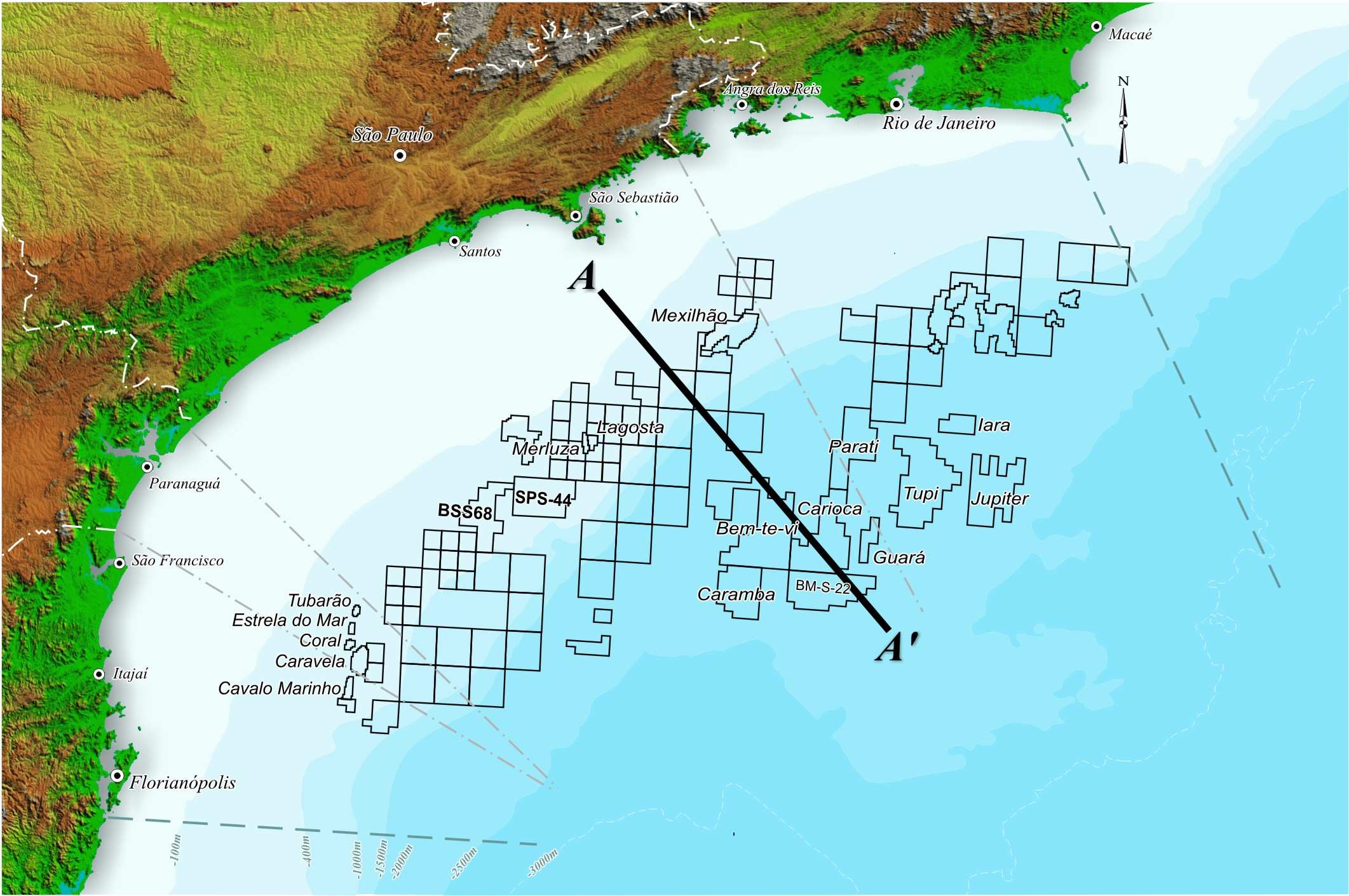 Sistemas petrolíferos do Pós P s e Pré-Sal Lâmina d água atual Sal