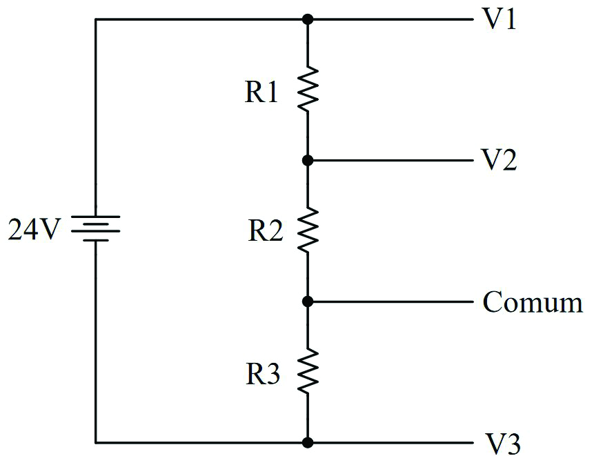 14 Determine os valores de R 1, R 2 e R 3 no circuito da figura a seguir de modo que a potência total fornecida pela fonte seja de 36W e as tensões V 1, V 2 e V 3, todas medidas em relação ao