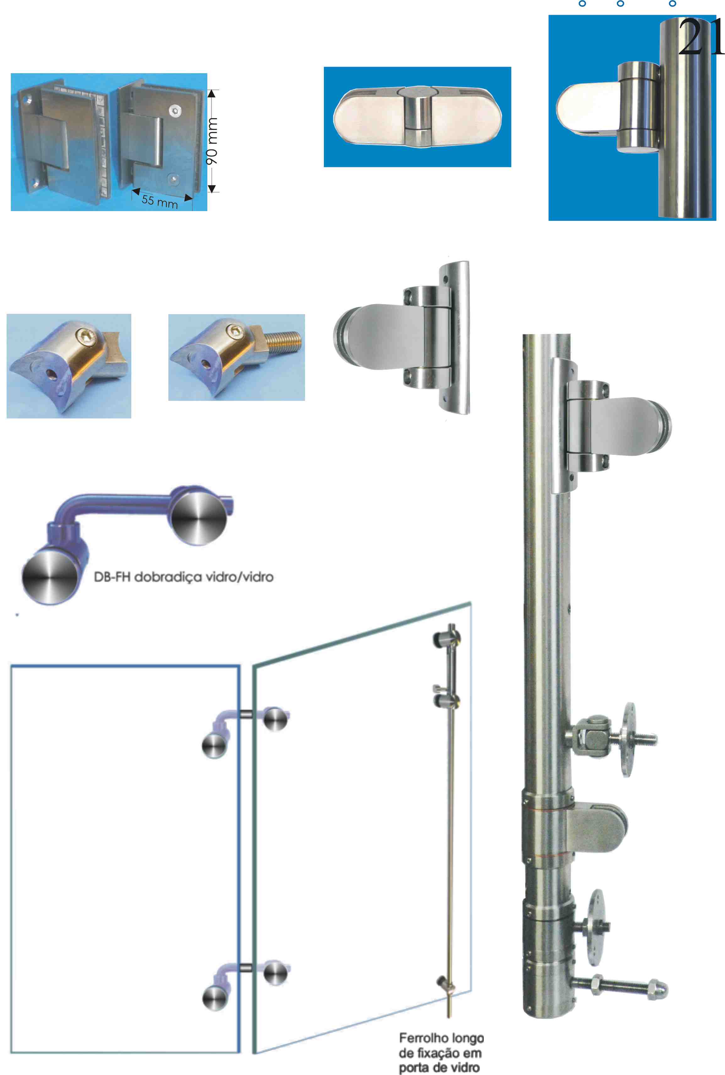 Dubradiças DBD-KLH dupla dobradiça AISI 316 para porta de vidro/vidro Dobradiça Bg40 p/ parede de 6,8 ou 10 mm, Dobradiça Bg40T p/ tubo DBT-KLH dobradiça AISI 316 para Dobradiça Bg40Q p/ tubo