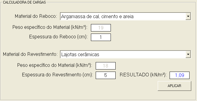 72 Figura 27: calculadora de cargas para o peso próprio da laje do trecho do lance que sustenta os degraus Há também, como mostra a figura 28, a calculadora correspondente à carga introduzida pelo