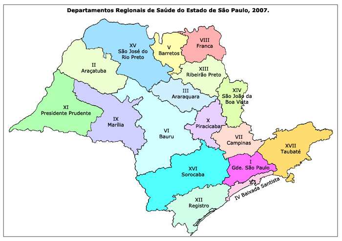 Regionais de Saúde A divisão administrativa da Secretaria de Estado da Saúde de São Paulo se faz através dos Departamentos Regionais de Saúde - DRS, atendendo ao Decreto DOE nº 51.