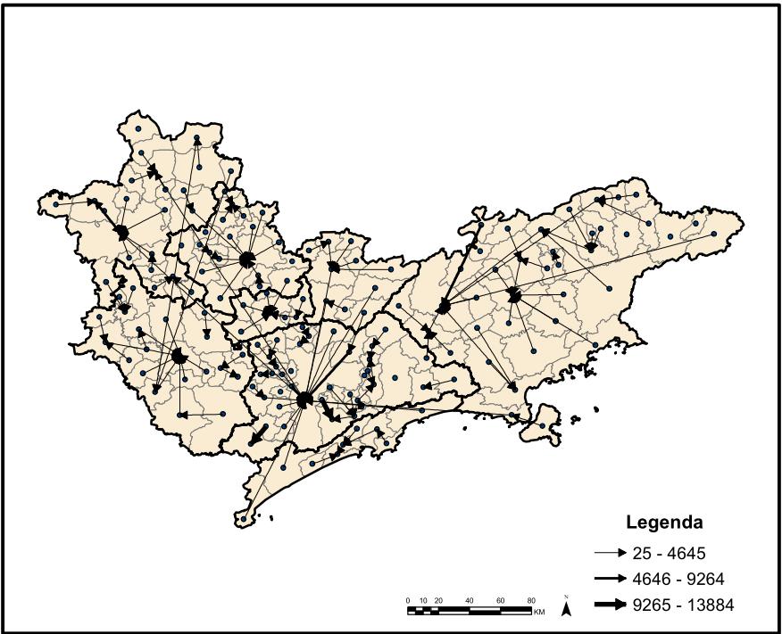 Mapa 2 Fluxos Migratórios 1995-2000 de Primeira Ordem entre os Centros Urbanos da Macrometrópole Paulista Fonte: IBGE. Dados Brutos do Censo Demográfico 2000. Organização: Autores.