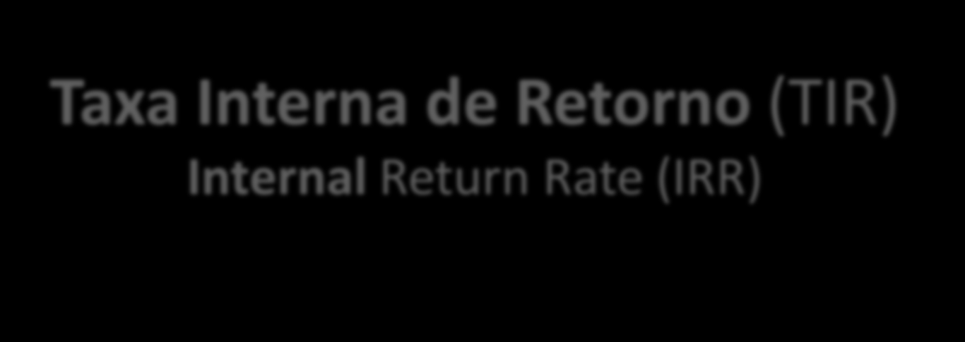 Taxa Interna de Retorno (TIR) Internal Return Rate (IRR) Fórmula matemática-financeira utilizada para calcular a taxa de desconto que teria um determinado fluxo de caixa para igualar a zero seu Valor
