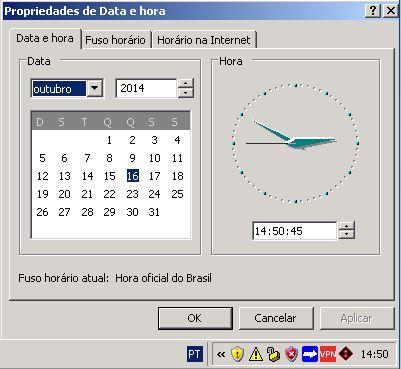 Na janela do Calendário, certifique-se de que a data e a hora do relógio estão no horário de Brasília: Caso não esteja correta efetue a alteração: 1.