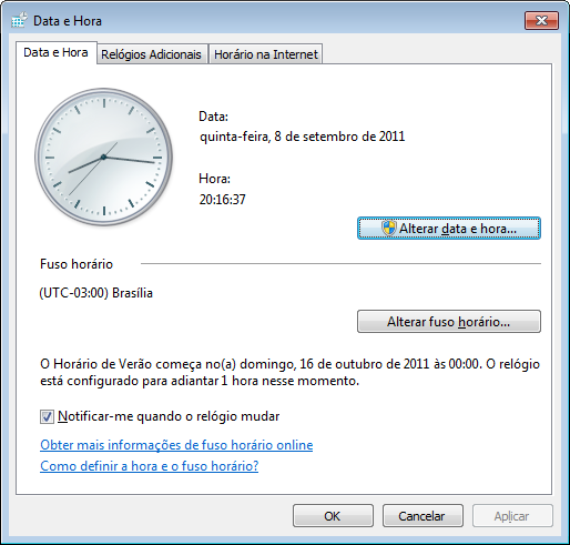 Na janela do Calendário, certifique-se de que a data e a hora do relógio estão no horário de Brasília: Caso não esteja