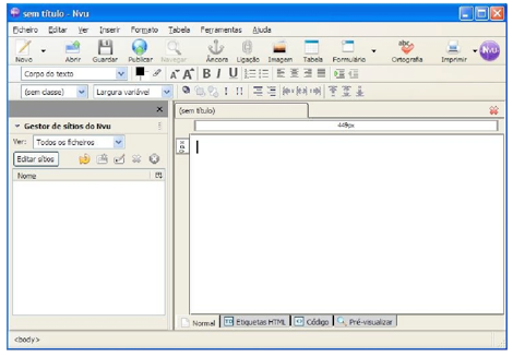 Kompozer A janela principal do Kompozer é constituída por várias secções: Barra de título: mostra o nome do documento em uso, a sua localização e o nome da aplicação.