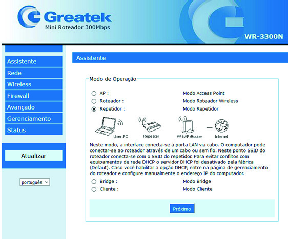 Guia de instalação WR-3300N 16 Para prosseguir com a configuração do WR-3300N no modo Repetidor, acesse novamente a interface de configuração.