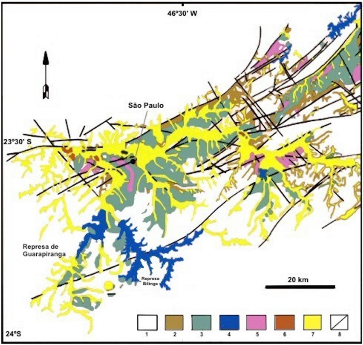 Figura 11- Mapa geológico da Bacia de São Paulo e porção sudeste da Bacia de Taubaté: 1- Embasamento Pré-Cambriano; 2- Formação Resende (leques aluviais proximais); 3- Formação Resende (sistema de