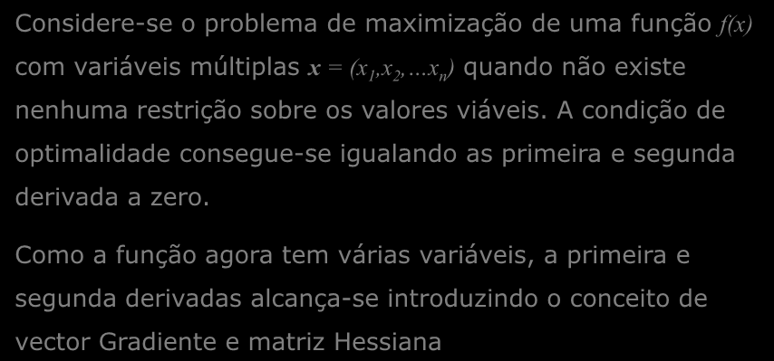 Programação Não Linear Considere-se o problema de maimização de uma função f() com variáveis múltiplas = (,, n ) quando não eiste nenhuma restrição sobre os valores viáveis.