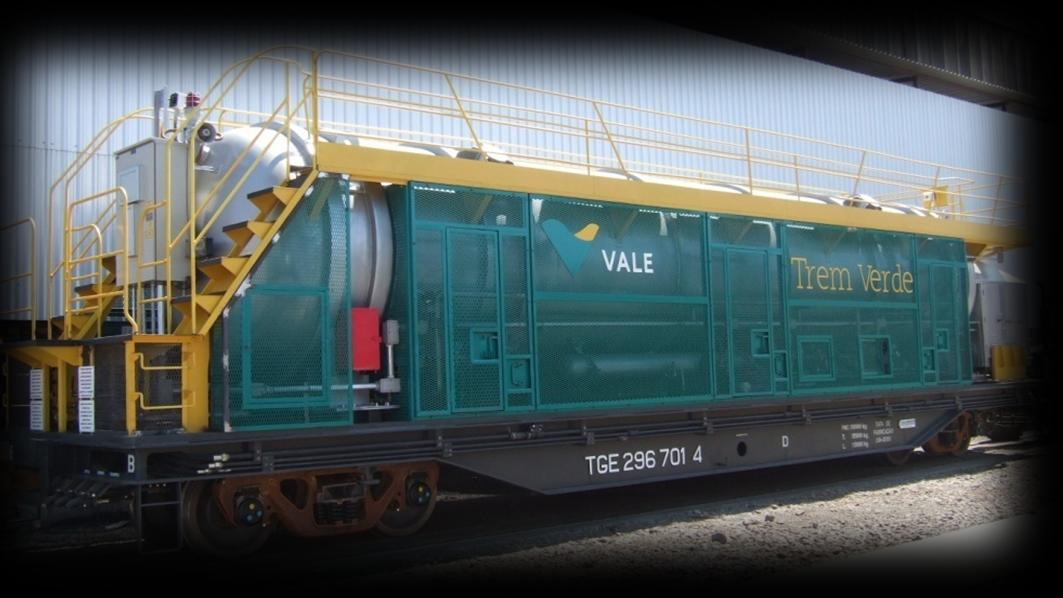 Vale substituição de óleo combustível por gás natural Projeto Trem Verde Mistura de gás natural e diesel nas locomotivas de 50% a 70% de GN Em testes na Ferrovia de Vitória-Minas (piloto do Projeto)