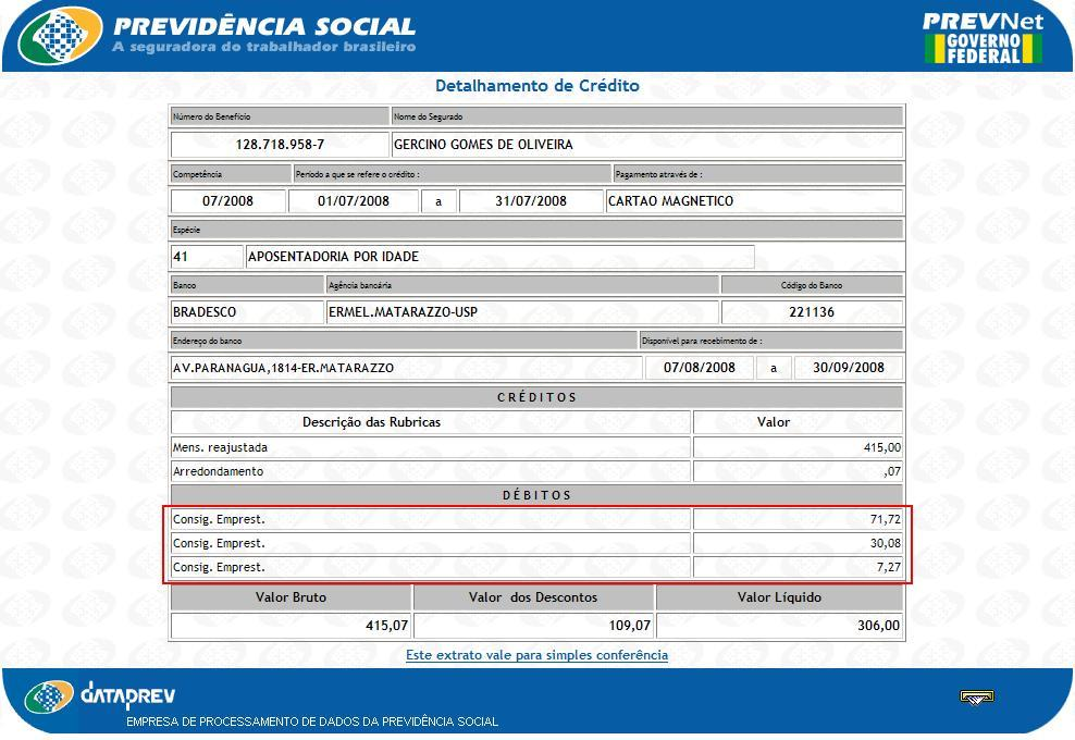 Através desta opção será possível obter o Detalhamento de Crédito, do último mês de competência, que será utilizado no cálculo da margem consignável.