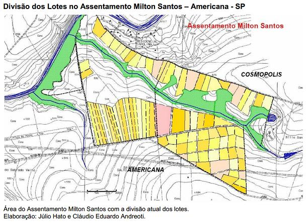 O assentamento Milton Santos Em 2005, depois de uma tentativa de ocupação em uma propriedade de Limeira, um grupo de cerca de 87 famílias, com o apoio do MST e do INCRA, foi assentado numa área de