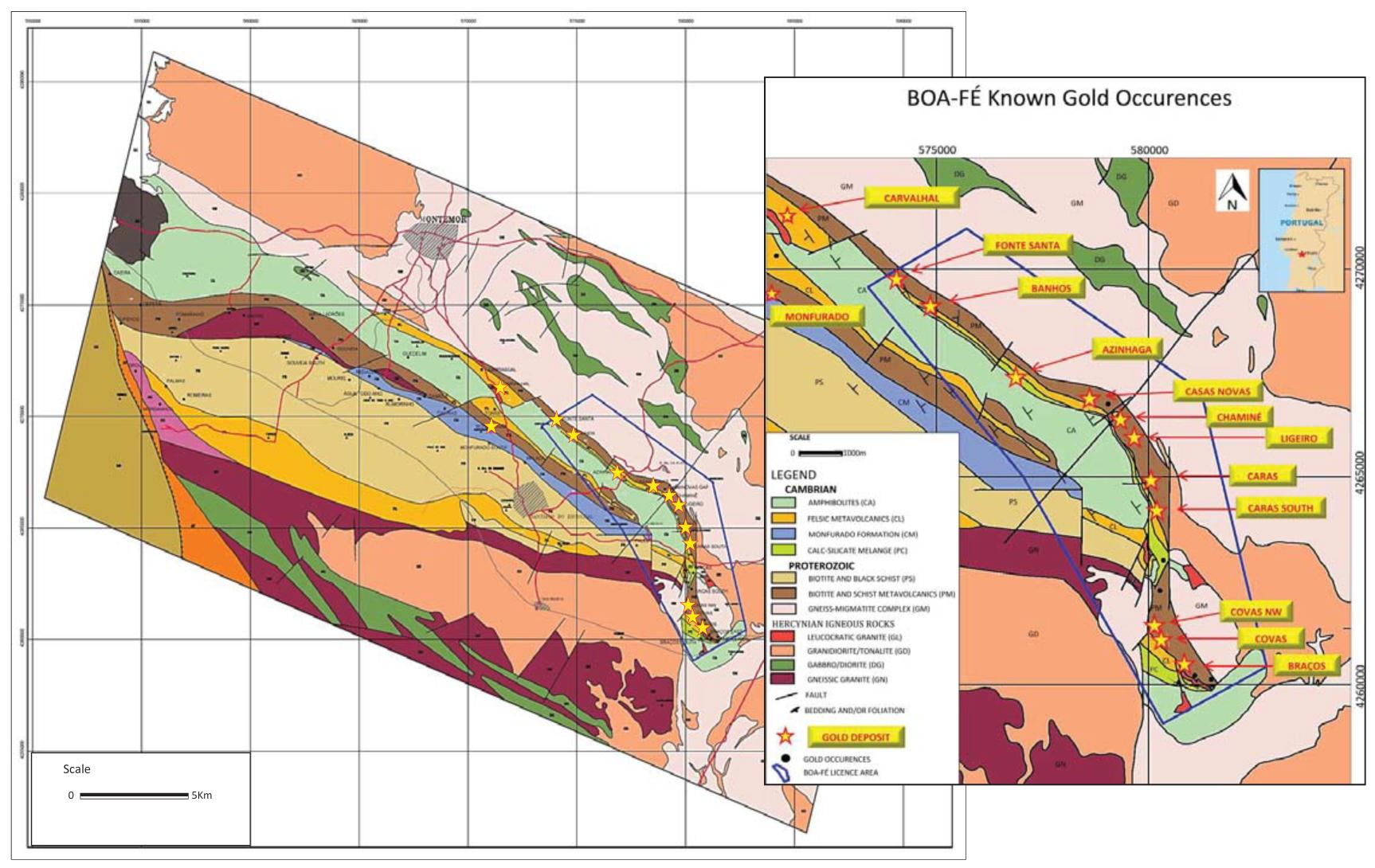 Figura 1 Ilustração da Geologia e localização dos depósitos de ouro na