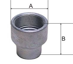 LUVA DE REDUÇÃO - HLR Fabricadas em ferro nodular ou alumínio com alta resistência mecânica, com duas roscas internas. Natural (Alumínio) Galvanizada eletroliticamente, galvanizadas à fogo.