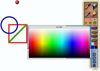 (4) Selector de cores (espectro e cores memorizadas 4a) (5) Objectos geométricos: linha, rectângulo, elipse, polígono irregular e estrela (6) Carimbo (selecciona uma parte do desenho para reprodução