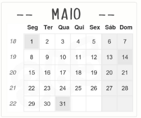 Maio 2017 1 Segunda Bolinhas 2 Terça Dentro 3 Quarta Bagunça 4 Quinta Tempo 5 Sexta Tecnologia 6 Sábado Rua 7 Domingo Linha do Horizonte 8 Segunda Detalhes 9 Terça Arquitetura 10 Quarta Líquido 11