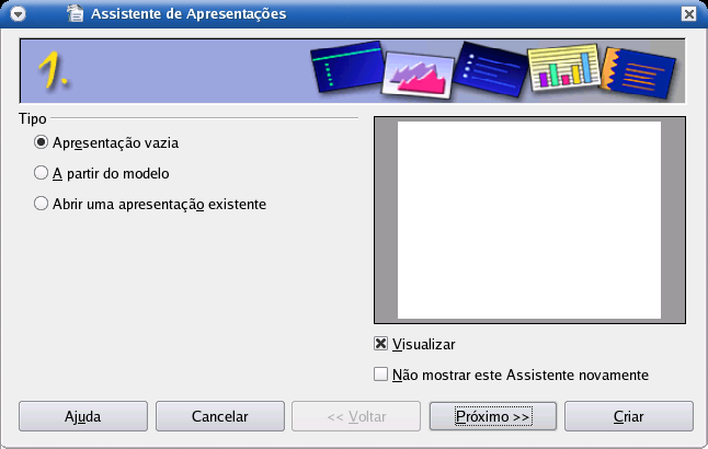 34 Assistente de Apresentações do Impress Após realizar o processo de abertura do aplicativo OpenOffice 2.
