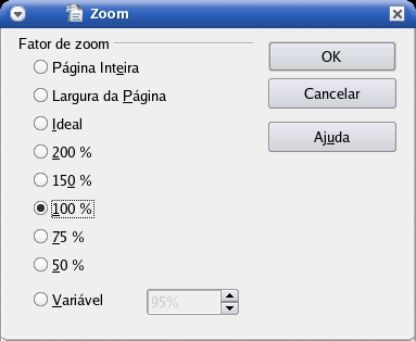 5 Propriedades de Visualização do Writer 5.1 Alterando o Zoom O Zoom é utilizado para modificar o tamanho de visualização de um documento. O padrão normal de visualização é de 100%.