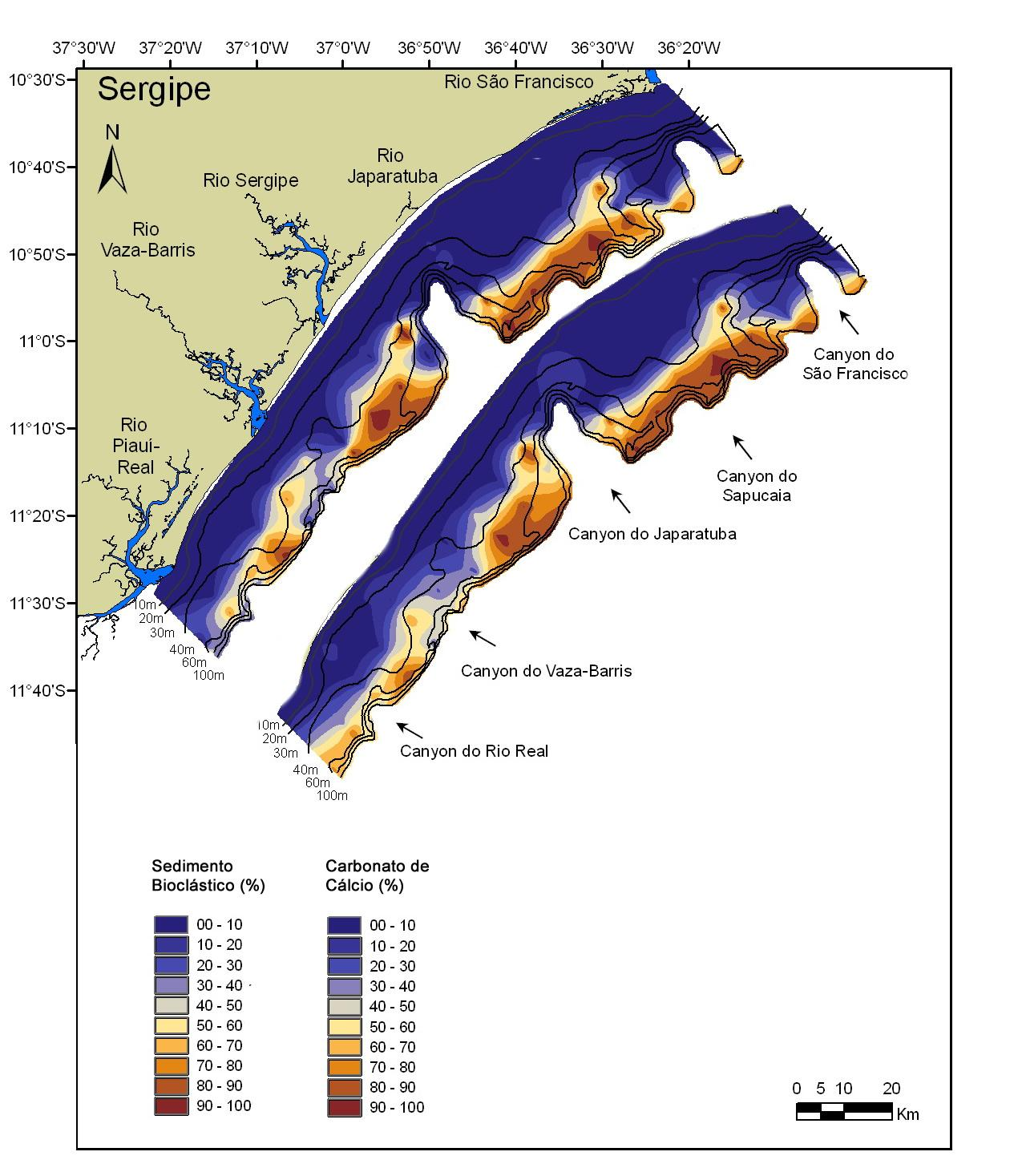 50 Figura 21 Comparação da contribuição efetiva de bioclastos para a formação do sedimento superficial e o teor de CaCO 3 na plataforma continental de Sergipe.