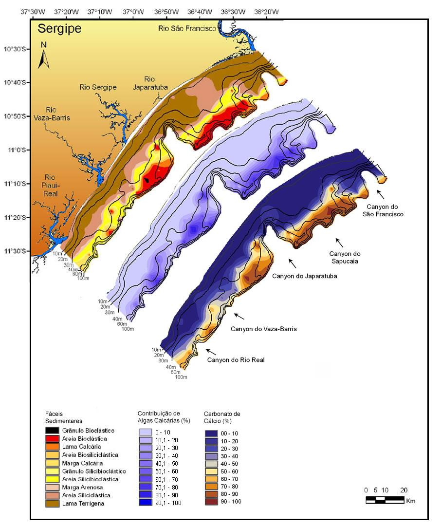 63 Figura 23 - Comparação entre a contribuição efetiva das algas calcárias para a formação do sedimento superficial com os teores de carbonato de cálcio e as fácies sedimentares apresentados por