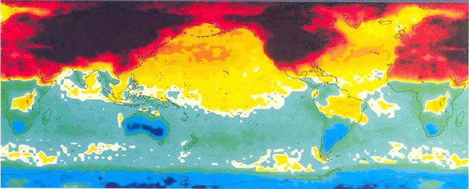 Temperatura de superfície obtida durante o dia a partir de sensores colocados a bordo de satélites. A azul estão as temperaturas mais baixas e a vermelho as mais elevadas.