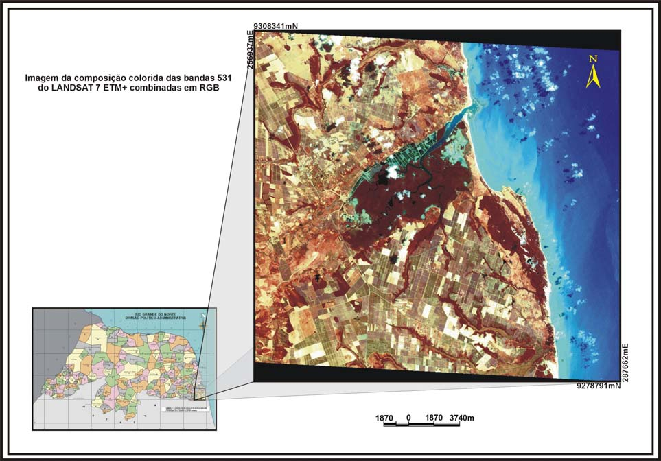 Capítulo 1. Introdução: 2 Figura 1.1 Localização geográfica do estuário do rio Curimataú (Fernandes, 2002). A bacia de drenagem do rio Curimataú (Fig. 1.2), classificada como sub-bacia 13 da região nordeste do Brasil de acordo com a Agência Nacional de Águas (ANA), ocupa uma área de aproximadamente 3.